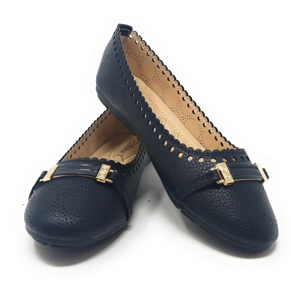 Women's Laser Cut Flats with Buckle, B-2853, Black